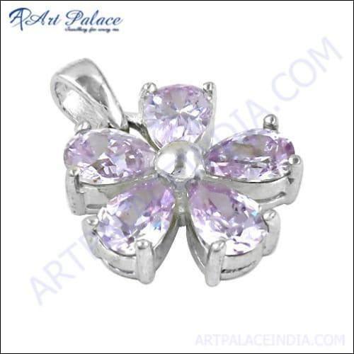 Pretty Flower Style Amethyst Zircon Gemstone Silver Pendant