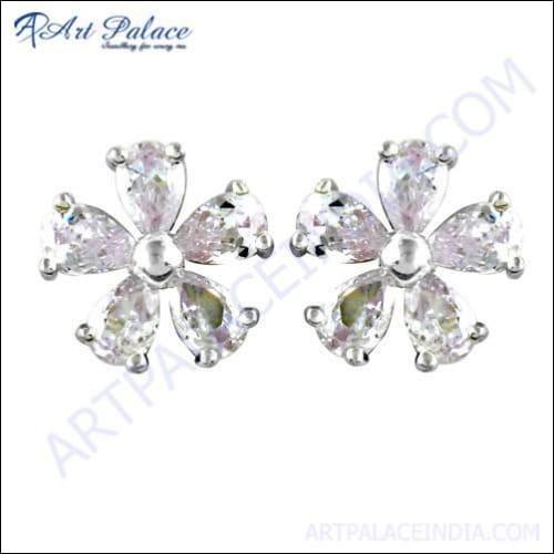 Pretty Flower Style Cubic Zirconia Gemstone Silver Earrings