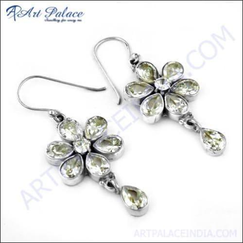 Pretty Flower Style Cubic Zirconia Silver Dangle Earrings