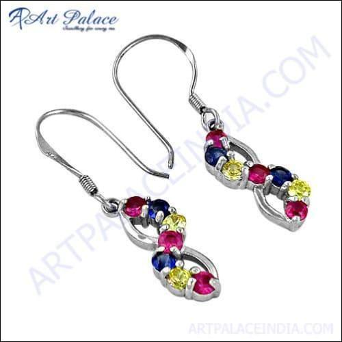 Pretty Multi Color Cz Gemstone Silver Hook Earrings