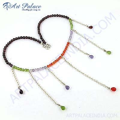 Pretty Multi Gemstone Silver Necklace,925 Sterling Silver Jewelry Colorful Beaded Necklace Fashionable Necklace