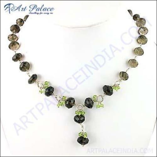 Pretty Peridot & Smokey Quartz Gemstone Silver Necklace