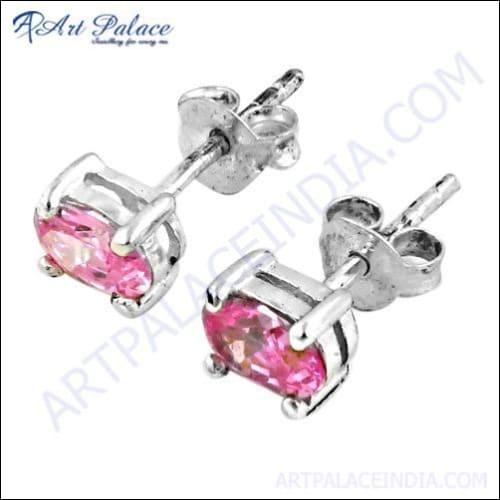Pretty Pink Cubic Zirconia Gemstone Silver Stud Earrings