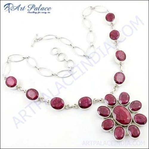 Pretty Red Corundum Gemstone Silver Necklace Fashionable Gemstone Necklace Comfortable Necklace