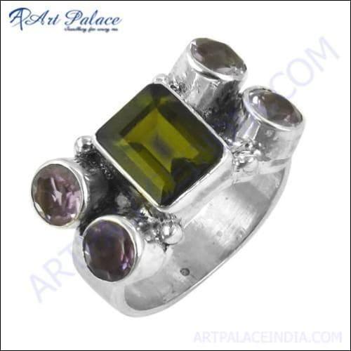 Pure Style Amethyst & Peridot Gemstone Silver Ring, 925 Sterling Silver Jewelry