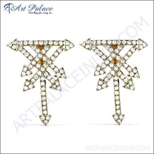 Pure Style Cubic Zirconia Gold Plated Silver Earrings, 925 Sterling Silver Jewelry