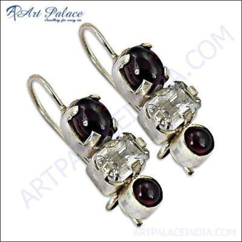 Pure Style Garnet & Cz Gemstone Silver Earrings