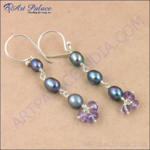 Rady to Wear Amethyst & Blue Pearl Gemstone Silver Earrings Chunky Beaded Earrings Latest Beads Earrings