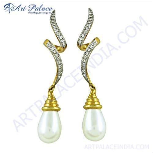 Ready To Wear Cubic Zirconia & Pearl Gold Plated Silver Earrings