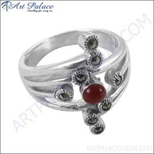 Red Onyx and Pyrite Gemstone Silver Ring