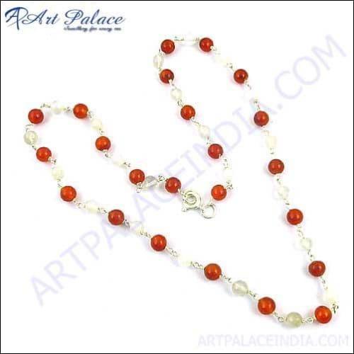 Red Onyx & Rose Quartz Silver Necklace Gorgeous Beaded Necklace Fancy Beaded Necklace
