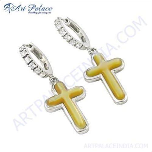 Religious Cross Style CZ & Pearl Silver Earring