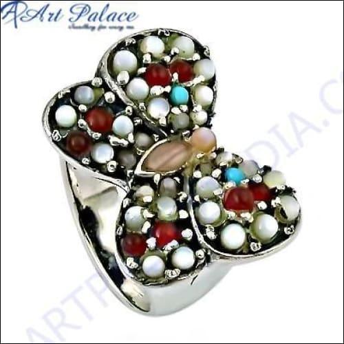 Rocking Butterfly Style Mother Of Pearl & Red Onyx Gemstone Silver Ring