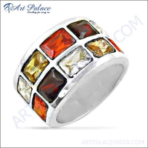 Rocking Multi Color CZ Gemstone Silver Ring