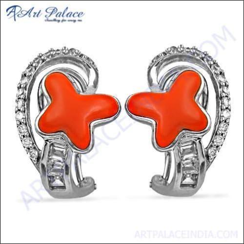 Rocking Star Stylish Coral & Cz Gemstone Silver Earrings