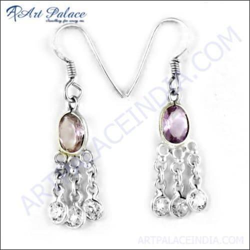 Rocking Style Amethyst & Cubic Zirconia Gemstone Silver Earrings, 925 Sterling Silver Jewelry
