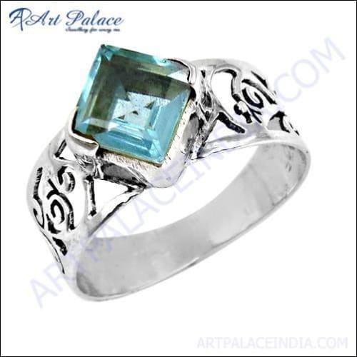 Rocking Style Blue Topaz Glass Gemstone Silver Fret Work Ring, 925 Sterling Silver Jewelry