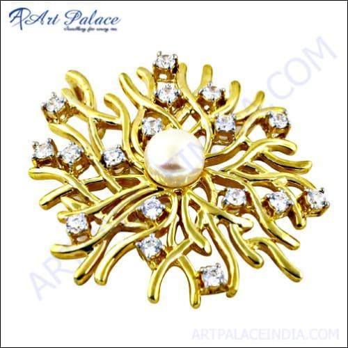 Rocking Style Cz & Pearl Gemstone Gold Plated Silver Pendant , 925 Sterling Silver Jewelry