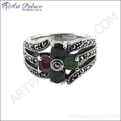 Rocking Style Emerald Sapphire Silver Ring Natural Gemstone Marcasite Rings Awesome Marcasite Rings