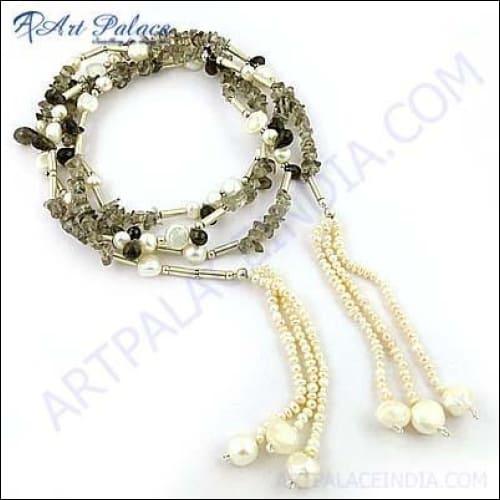Rocking Style Pearl & Smokey Quartz & Unakite Gemstone Silver Beaded Necklace