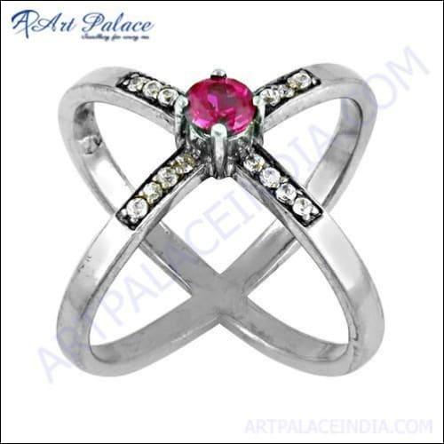 Rocking Style Pink & White Cubic Zirconia Gemstone Silver Ring
