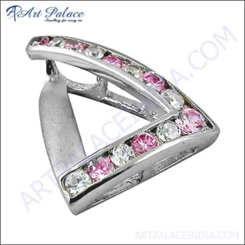 Rocking Style White & Pink Cz Gemstone Silver Pendant
