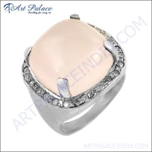 Romantic Cubic Zirconia & Rose Quartz Gemstone Silver Ring