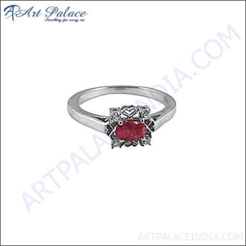 Romantic CZ & Dyed Ruby Silver Ring