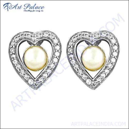 Romantic Heart Style Pearl & Cubic Zirconia Silver Stud Earrings