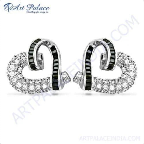 Heart Style Silver Stud Earring With Black and White CZ