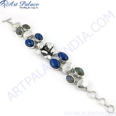 Romantic Labradorite & Lapis Gemstone Silver Bracelet Elegant Gemstone Bracelet Adjustable Bracelet