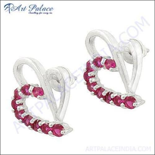 Romantic Stylish Heart Pink Glass Silver Gemstone Earrings Heart Shape Earrings Fancy Gemstone Earrings