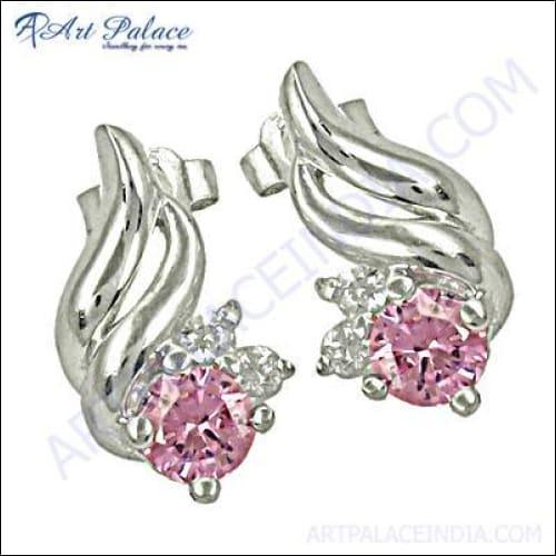 Romantic White & Pink Cz Gemstone Silver Earrings Attractive Cz Earrings Solid Cz Earrings
