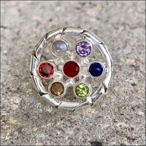 Round Shape Multi Gemstone Silver Ring Excellent Multistone Rings Adjustable Rings Precious Gemstone Rings