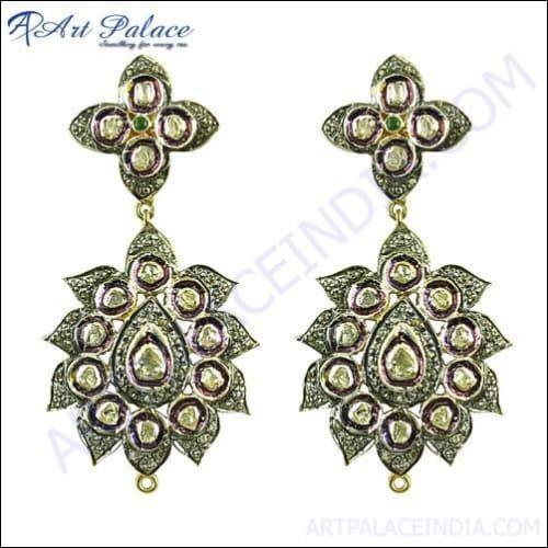 Royal Diamond & Emerald Gold Plated Silver Earrings For Women's, Victorian Silver Jwellery