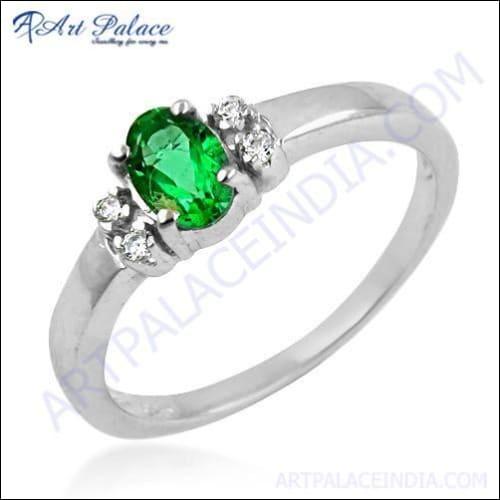 Royal Green & White Cubic Zirconia Gemstome Silver Ring, 925 Sterling Silver Jewelry