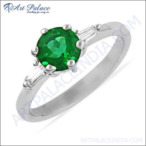 Royal Green & White Cubic Zirconia Gemstone Silver Ring