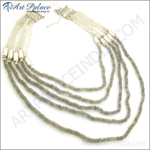 Royal Labradorite & White Pearl Gemstone Beads Silver Necklace