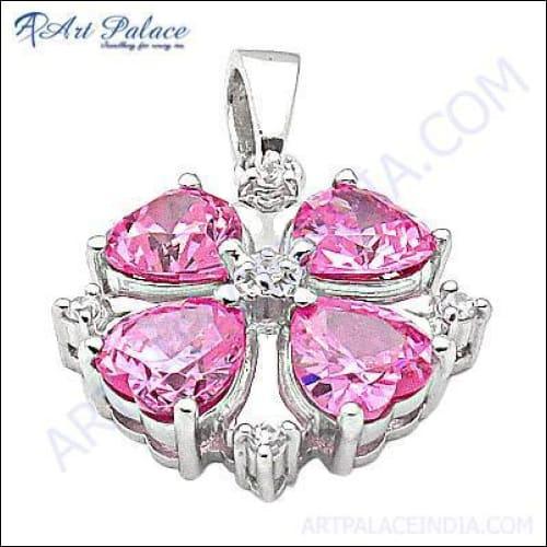 Semi Precious Pink Cubic Zirconia Gemstone Silver Pendant Jewelry