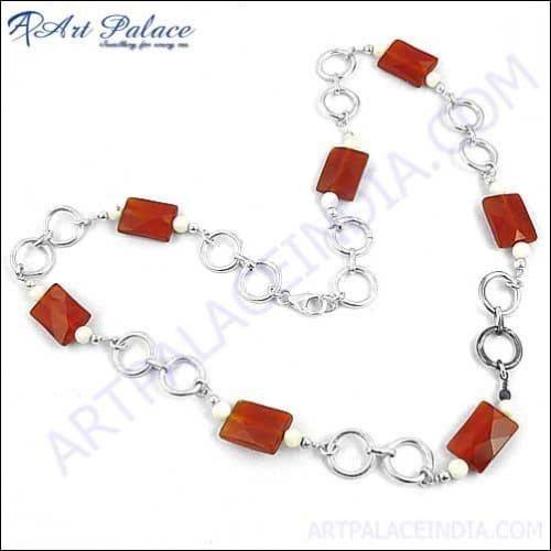 Semi Precious Red & White Onyx For Fashionable Necklace, Beaded Jewelry Beaded Silver Necklace Gemstone Beads Necklace