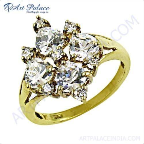 Sensational Cubic Zirconia Gemstone Silver Gold Plated Ring, 925 Sterling Silver Jewelry