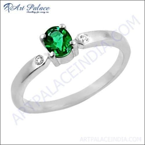 Sensational Green & White Cubic Zirconia Gemstone Silver Ring
