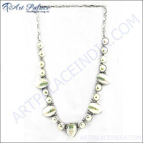Shell & White Pearl Silver Necklace Pearl Necklace Adorable Cabochon Necklace