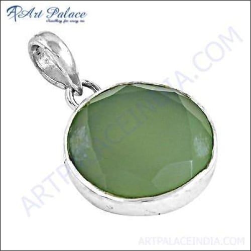 Simple Plain Cut Green Onyx Gemstone In Silver Pendant, 925 Sterling Silver Jewelry