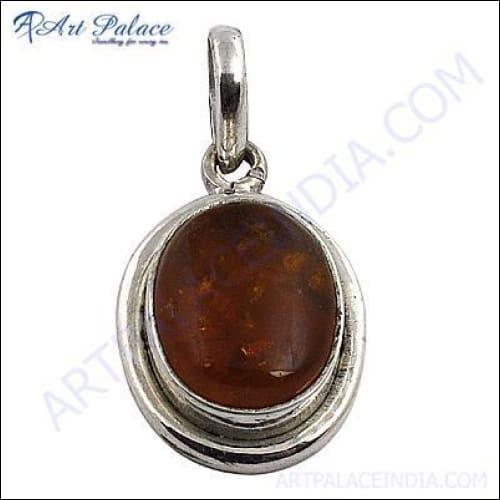 Simple Plain Silver Amber Pendant, 925 Sterling Silver Jewelry Amber Pendant Gemstone Silver Pendant