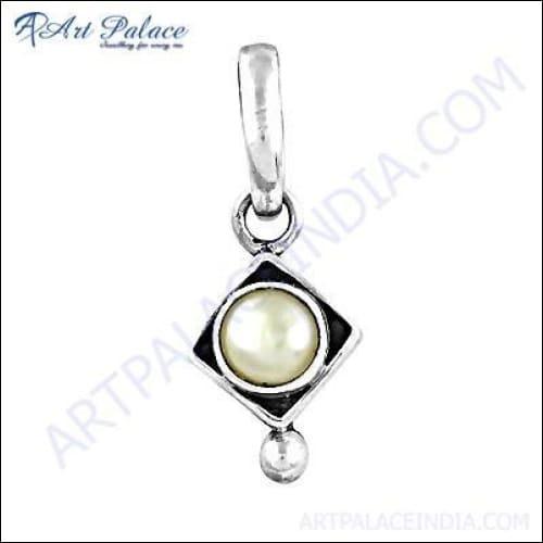 Simple Plain Silver Pendant With Single Pearl Gemstone, Pearl Jewelry