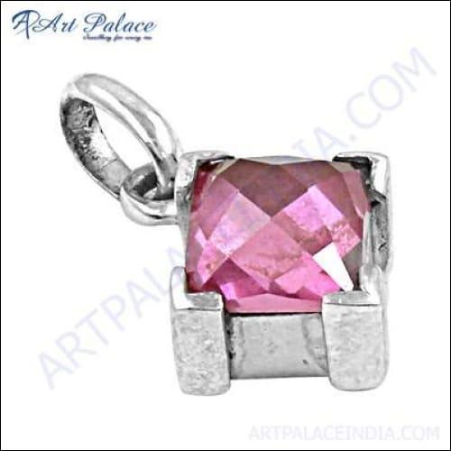 Simple Single Pink Cubic Zirconia Gemstone In Silver Pendant, Cubic Zirconia Jewelry