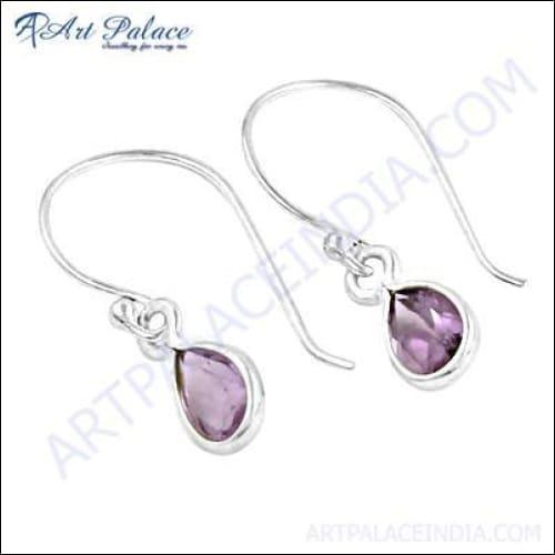 Small Simple Plain Silver Gemstone Earrings With Amethyst, 925 Sterling Silver Jewelry