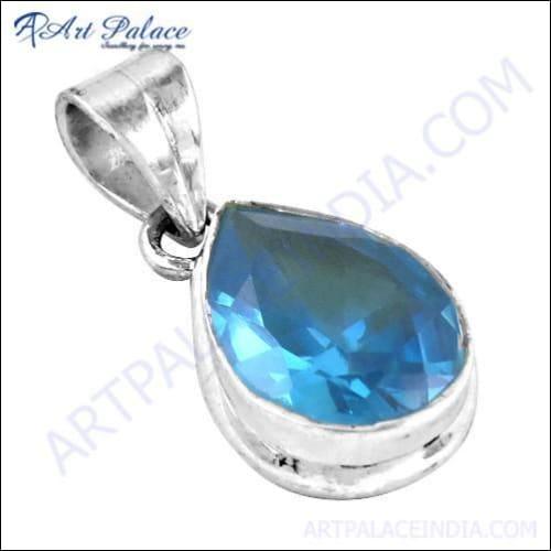 Sparkling Blue Cz Gemstone Silver Pendant