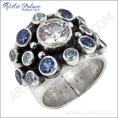 Sparkling Cubic Zirconia & Iolite & Blue Topaz Gemstone Silver Ring Impressive Cz Ring Cz Rings 925 Silver Rings